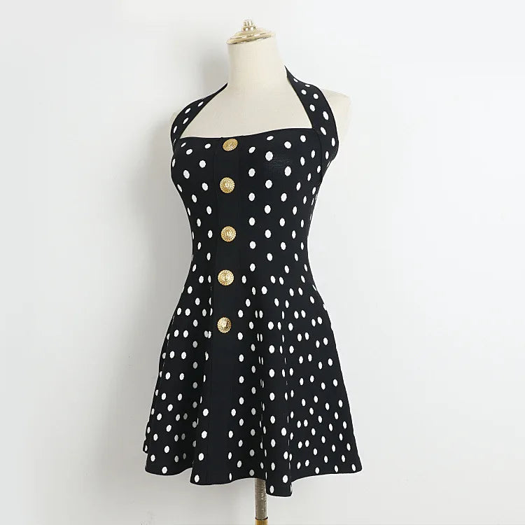 Aiertu  -  Polka Dots Knitted Halter Mini Dress Women Single Breasted Sleeveless A-line Party Vestidos Vintage Fashion Elegant Dresses New Aiertu