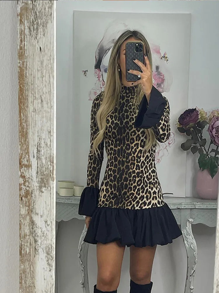 Aiertu  -  Leopard Print Patchwork Trumpet Sleeve Dress Women Sexy Slim Pleated Hem Dresses 2026 New Autumn Female New Party Highstreet Aiertu