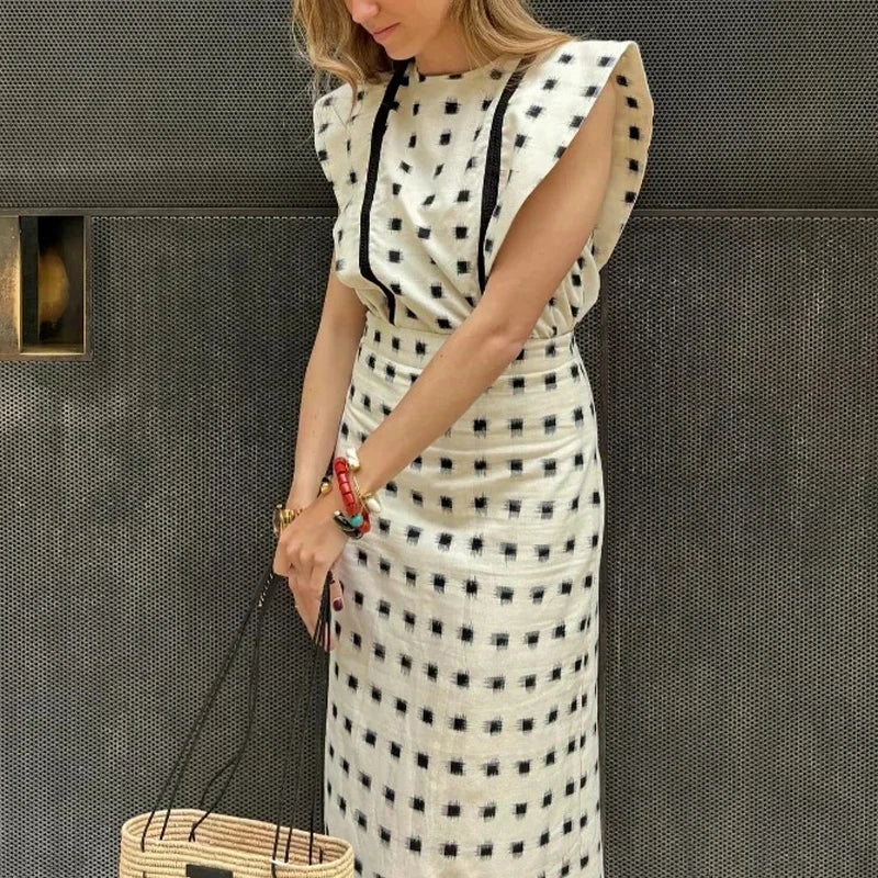 Aiertu  -  Fashion Stripe Patchwork Print Skirt Set Elegant Comfortable Draped 2Pc Suit Casual O-neck Flying Sleeve Top & Long Skirt Outfit Aiertu