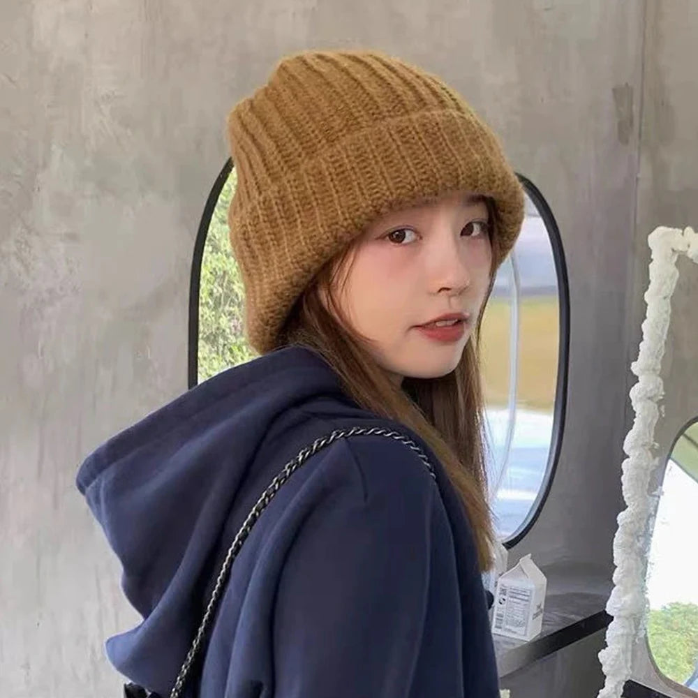 Aiertu  -  Winter Knitted Hat Women Korean Fashion Solid Outdoor Warm Beanies All-match Casual Elastic Comfortable Cap Aiertu