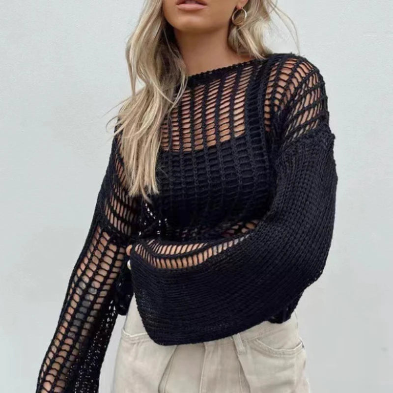 Aiertu  -  Hollow Out Pullover Pullover Women Oversize Kniited Long Sleeve Sweater Femme Beach Sexy Knitwear Cover-up Ladies 2026 Aiertu
