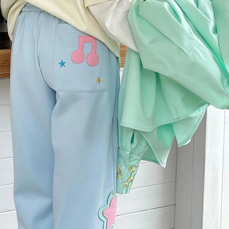 Aiertu  -  Star Note Embroidery Japanese Sweet Girl Soft Trousers Students High Waisted Summer Thin Loose Casual Sports Wide Leg Long Pants Aiertu