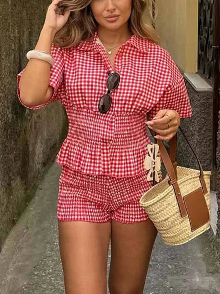 Aiertu  -  Women Two-Piece Set Of Plaid Short Sleeve Shirt Top Shorts Lapel Pleated Waist Cinched Shirts Blouse Checkered Beach Shorts Suit Aiertu
