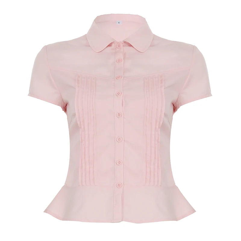 Aiertu  Turn-Down Collar Button-Up Corset Blouse Women's Casual Solid Tee Shirt Korean Short Sleeve Fashion Cute Top Aiertu