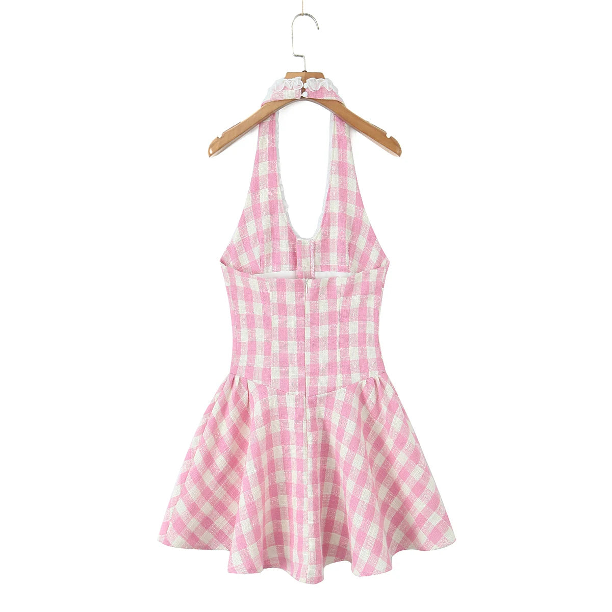 Aiertu  -  Sexy Gingham Pink Plaid Spliced Wood ears Lace Halter Dress Women V neck Slim Low Waist Swing Ball Gown Short Dresses Robe Aiertu