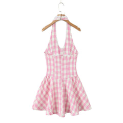 Aiertu  -  Sexy Gingham Pink Plaid Spliced Wood ears Lace Halter Dress Women V neck Slim Low Waist Swing Ball Gown Short Dresses Robe Aiertu