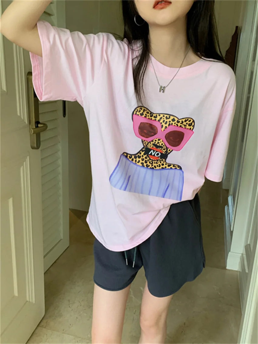 Aiertu  -  Cartoon Printed T-Shirts Casual High Street Women Loose Summer OL All Match Mujer Half Sleeve Chic Office Lady Tees Aiertu