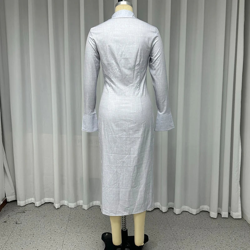 Aiertu  -  Long Dress Autumn Women Office Casual Long Sleeve Lapel Single Breasted Button Solid Nipped Waist Long Dress Streetwear Aiertu