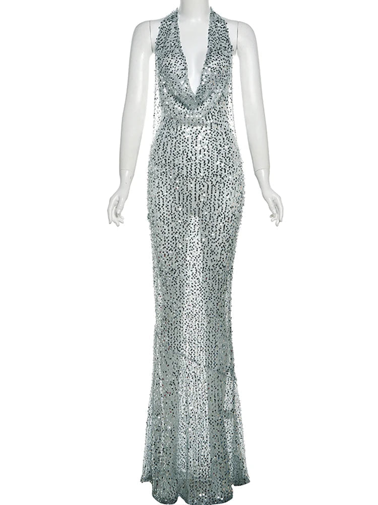 Aiertu Shiny Sequins Sexy Women Long Dress Stunning Halter Lace Up Swinging Neck Backless Sheath Vestidos Female Club Party Robe Aiertu