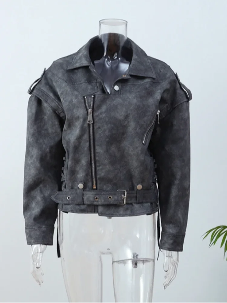 Aiertu  -  Fashion Pu Leather Zipper Bomber Women Jacket Vintage Solid Lapel Long Sleeved Y2k Short Coat 2026 Lady Motorcycle Outercoat Aiertu