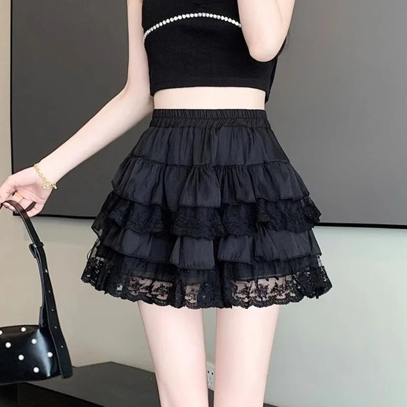 Aiertu Elastic Gothic Lace Tutu Skirt Women Black Mesh Detail Petticoat Sexy Mini Tulle Skirts Party Club Wear Dancer Aiertu