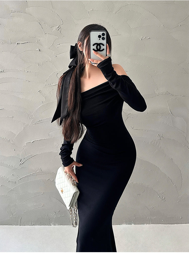 Aiertu Solid Color Slim Off The Shoulder Long Sleeve Dress Aiertu