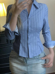 Aiertu  -Blue Striped Collared Long Sleeve Shirt aiertu