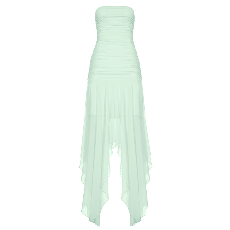Aiertu  -   Asymmetric Mesh Patchwork Tube Dress Yellow Green Color Strapless A-line Long Dresses for Party Holiday Elegant Robe Aiertu