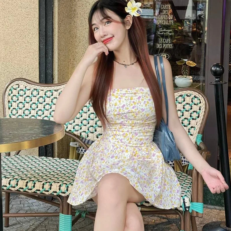 Aiertu  -  One-Shoulder Slim Strapless Print Dress For Women High Waisted Sleeveless Backless Fashion Sweet Summer New Ruched Dress Aiertu