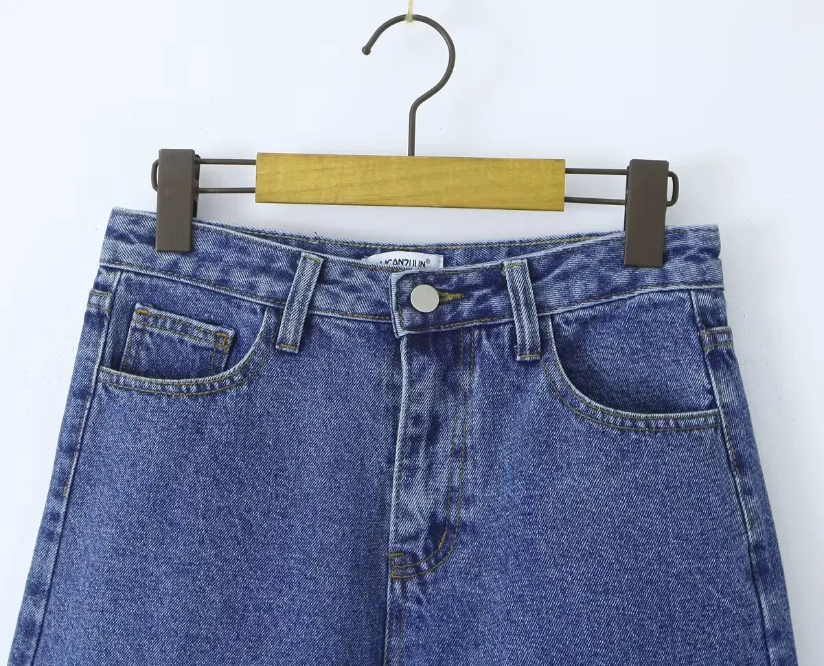 Aiertu  -  European and American style blue straight denim shorts women's summer high waist slim five-point wide-leg pants Aiertu