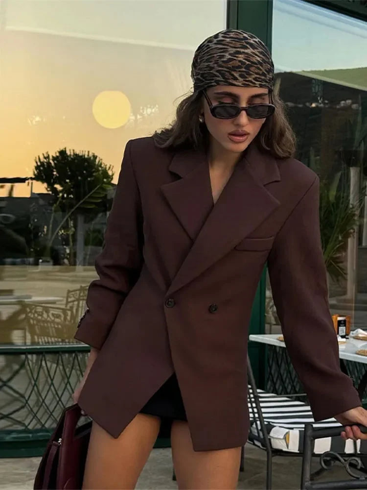 Aiertu  -  Casual Brown Lapel With Pocket Jacket Woman Fashion Cuff Buttons Long Sleeve Blazer Coat 2026 Lady Autumn High Street Outwear Aiertu