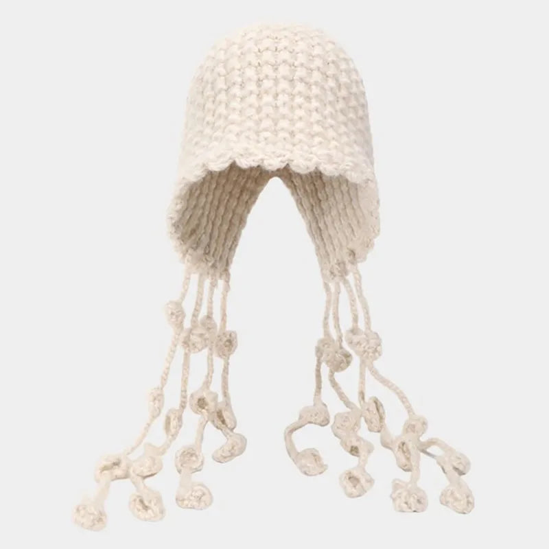 Aiertu  -  Winter Handmade Beanies for Women Fashion Tassel Thickened Warm Knitted Pullover Hat Outdoor Ear Protection Strap Woolen Bonnets Aiertu