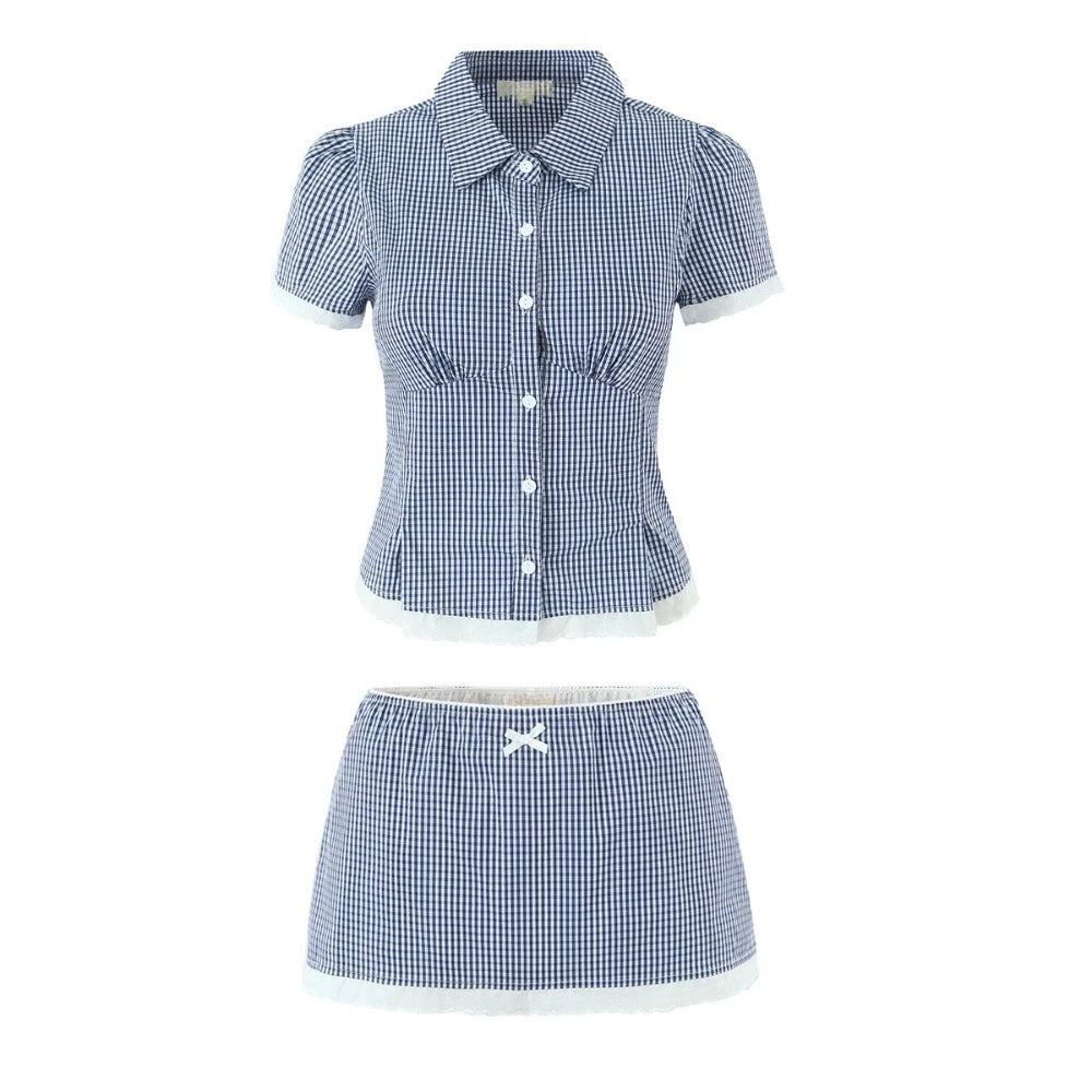 Aiertu    -  Solid Two Peice Set for Women Lapel Short Sleeve Shirt Low Waist Spliced Fungus Edge Mini Skirt Sweet Suit Female Aiertu