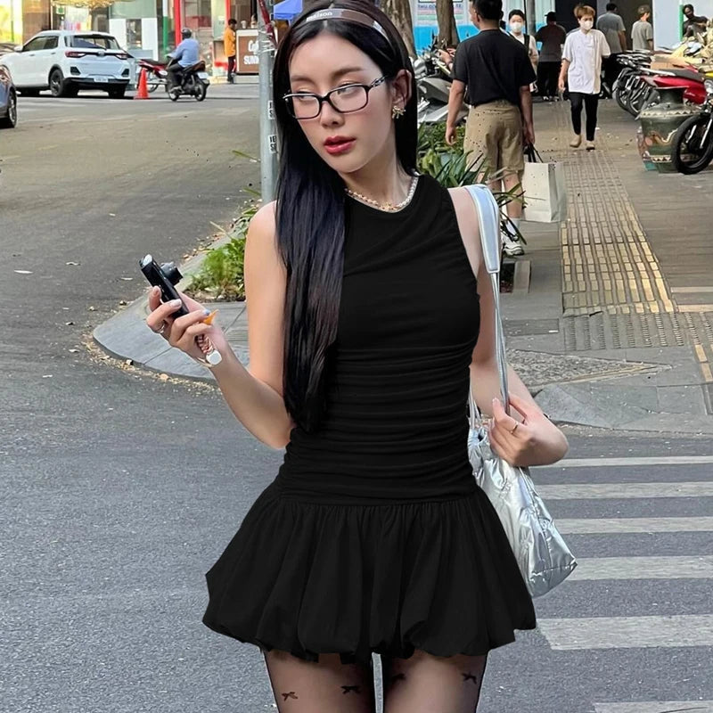 Aiertu  -  Fashion Sexy Folds Vest Dress For Women O Neck Sleeveless Slim Fit Mini Cake Dress High Waisted Splicing Solid Color New Aiertu