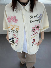 Aiertu  -  Harajuku Embroidery Floral Blouse Female Short Sleeve Oversize Summer Shirts for Women American Retro Button Up Cardigan Aiertu