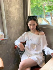 Aiertu  -  Kawaii White Long Sleeve T-shirts for Women Anime Cartoon Graphic Oversized Tees O-neck Casual Loose Autumn Clothes Chic Aiertu
