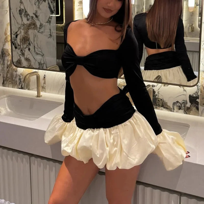 Aiertu  -  Sexy Contrast Cropped Chest Wrapped Top Suit Women White Puff Pleated Hem Short Bud Skirts Sets Elegant Lady Party Club Clothes Aiertu