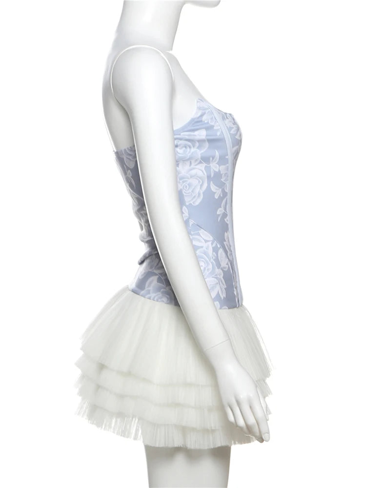 Aiertu  -  Patchwork Dress Women Anti-Fishbone Flower Dark Lines Bandeau Multi-Layered Pleats Fluffy Sweet Party Trend Mini Bodycon Aiertu