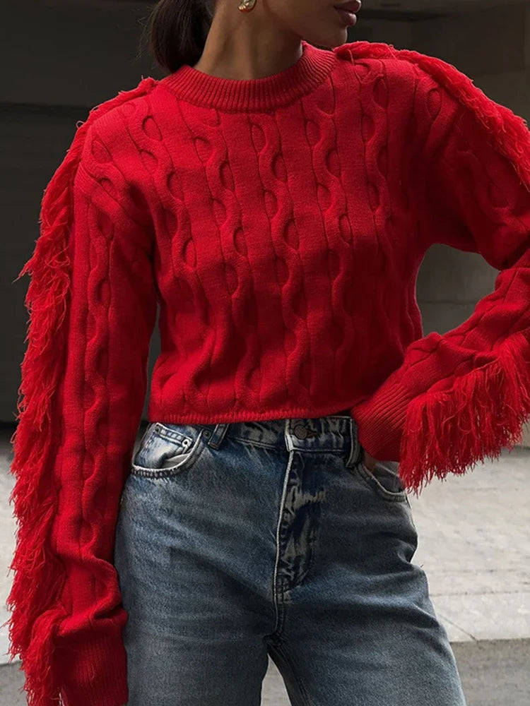 Aiertu  -  Splice Tassel Short Knitted Top Female Solid Slim Fit Long Sleeves Fashion Pullover Sweater Women's Autumn Winter Casual Aiertu