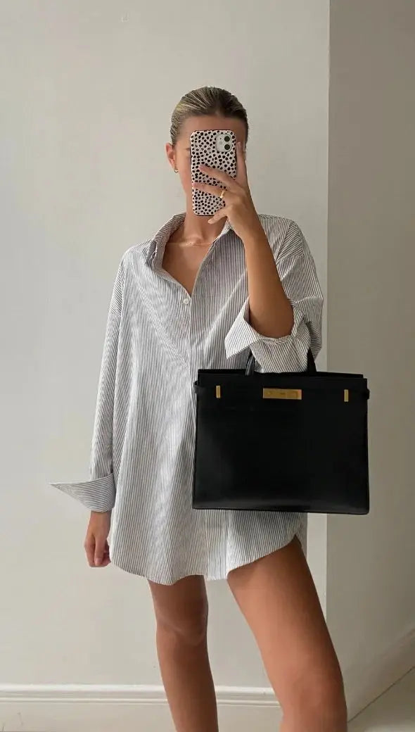 Aiertu  -  Chic Striped Women Shirt Loose 100% Cotton Shirts Tops Ladies Casual Lapel Oversized Lace Up Blouse Women Tops Blouse Aiertu