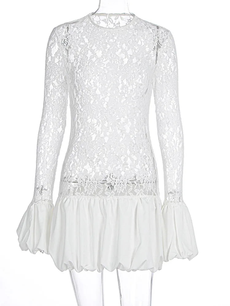 Aiertu  -  Women's Long Sleeve See-Through Lace Cake Dress Fashion Patchwork Folds Mini Dress Sexy Slim Hot Girl Club Party Clothing Aiertu