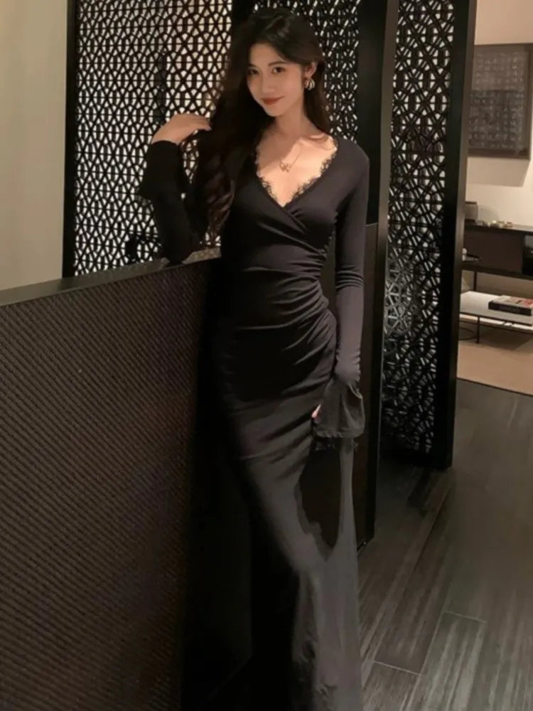 Aiertu  -  Elegant Black Lace Mermaid Dress for Women V-neck Long Sleeve Party Prom Robe Autumn Slim Evening Vestidos Mujer Fashion Clothes Aiertu