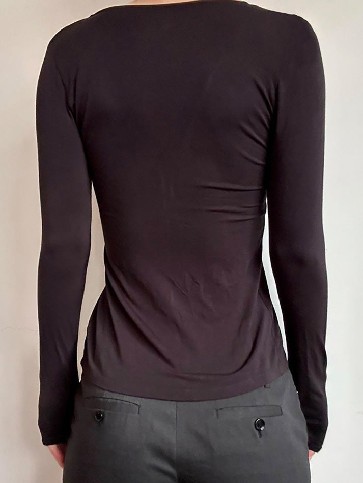 Aiertu  -Solid V-Neck Split Slim Long Sleeve Top aiertu