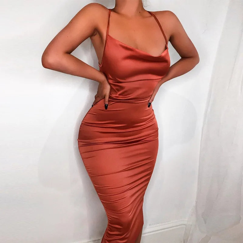 Aiertu Satin Lace Up Women's Long Midi Dress Light Pink Bodycon Backless Elegant Party Sexy Club Clothes Summer Dinner Outfit Aiertu