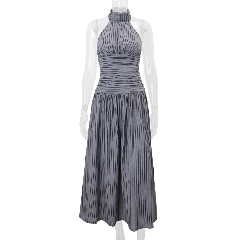 Aiertu  Stripe Halter Backless Pleated Fashion Elegant Casual Bodycon Midi Dress Spring Summer Fashion Party New Women Vestidos Aiertu