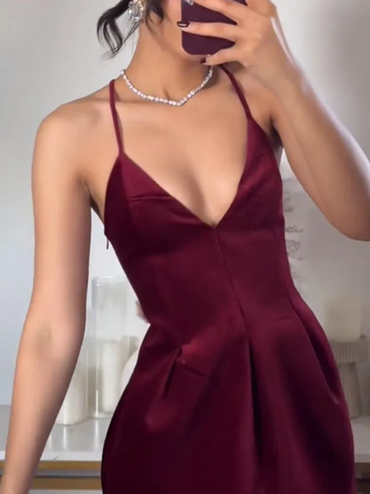 Aiertu  Women Chic Wine Red V-neck Spaghetti Strap Mini Dress Sexy High Waist Slim Pleated Velvet Vestidos New Lady Evening Gowns Aiertu
