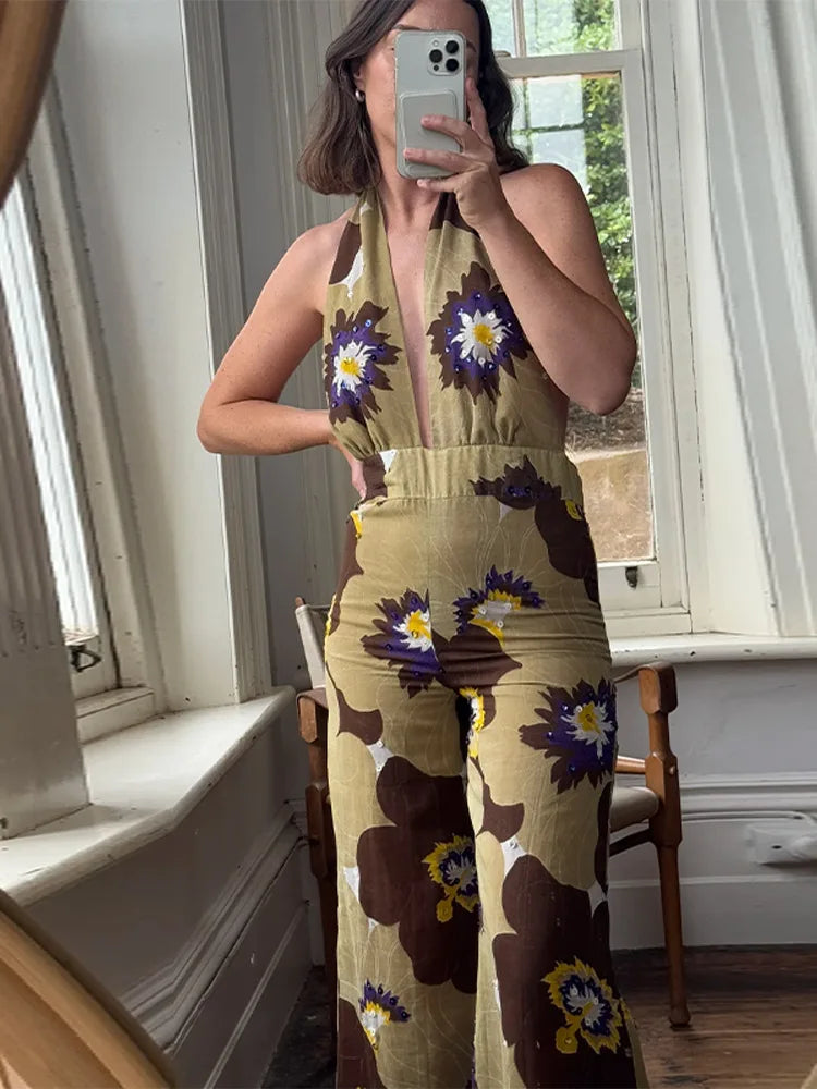 Aiertu  -  Printed Sequins Backless Halter Jumpsuits Women High Waist Deep V-neck Wide Leg Straight Jumpsuit Commute Holdiay Lady Romper Aiertu