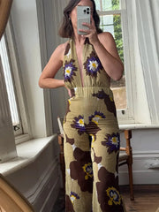 Aiertu  -  Printed Sequins Backless Halter Jumpsuits Women High Waist Deep V-neck Wide Leg Straight Jumpsuit Commute Holdiay Lady Romper Aiertu