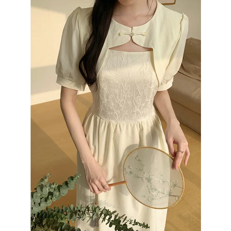 Aiertu  Summer Hot Sale Of The Season New Chinese Style Pure Color Belted Waist Gown with Button Detail Elegant Atmosphere Women's Dress Aiertu