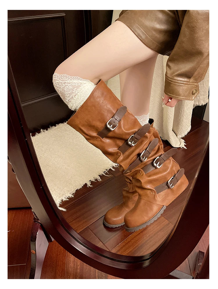 Aiertu    -  Women Knee-high Boots Summer Shoes Woman Knight Boots Woman Designer Buckle Chelsea Long Botas Pu Leather Motorcycle Shoes Aiertu