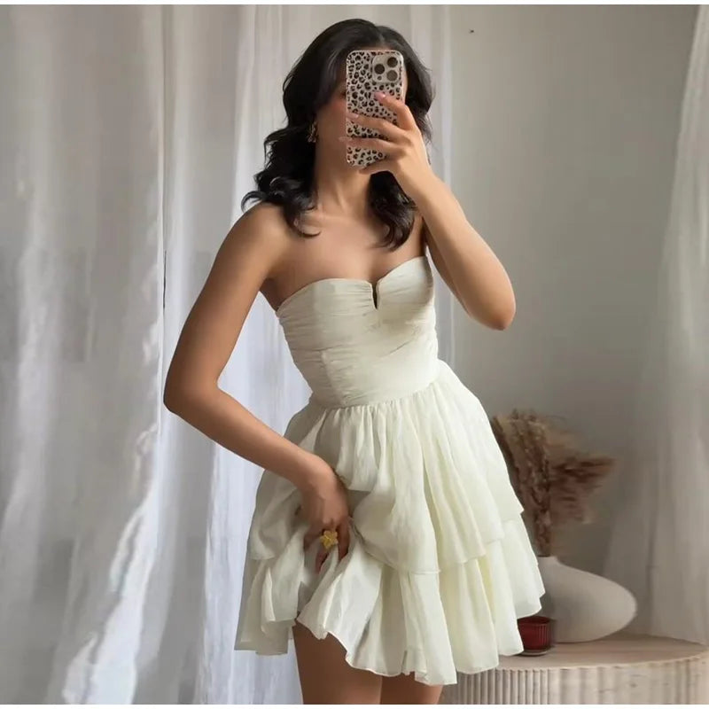Aiertu  -  Women Strapless Dress Spring Pleated Tierred Women's Dress Sexy Backless Dress Female Chic Midi Dress Casual Beach Lady Vestido Aiertu