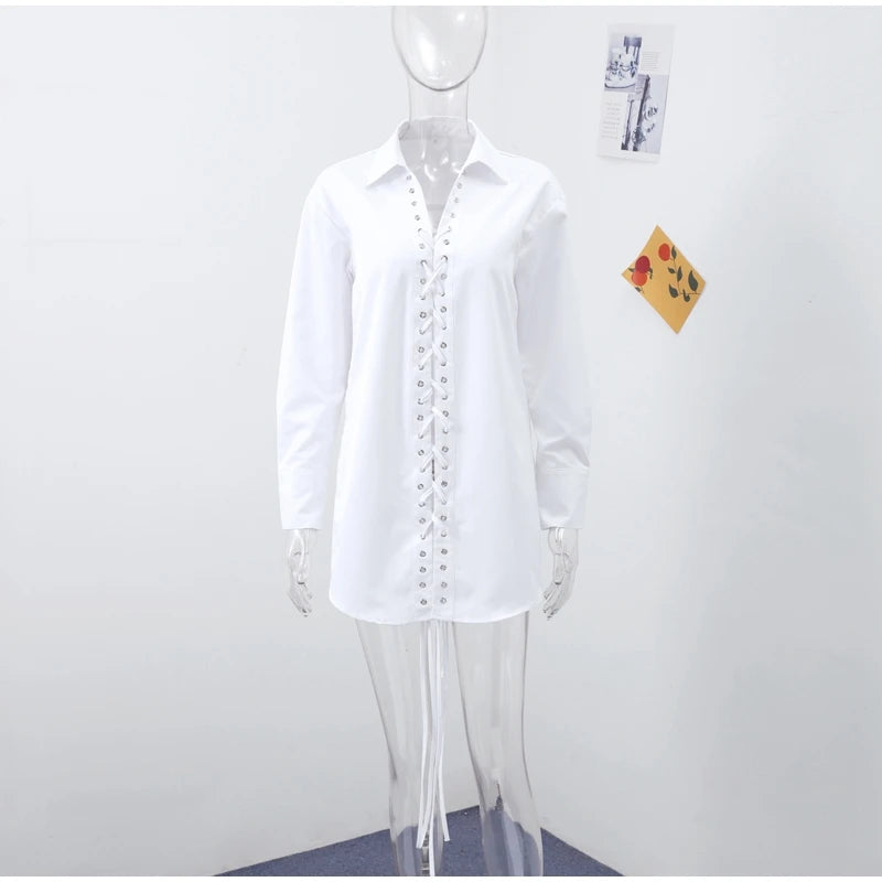 Aiertu  -  Summer Loose Bandage Dresses 2025 Woman Casual Lapel Collar Short Sleeve Female Mini Dress 2025 Solid High Street Lady Vestidos Aiertu
