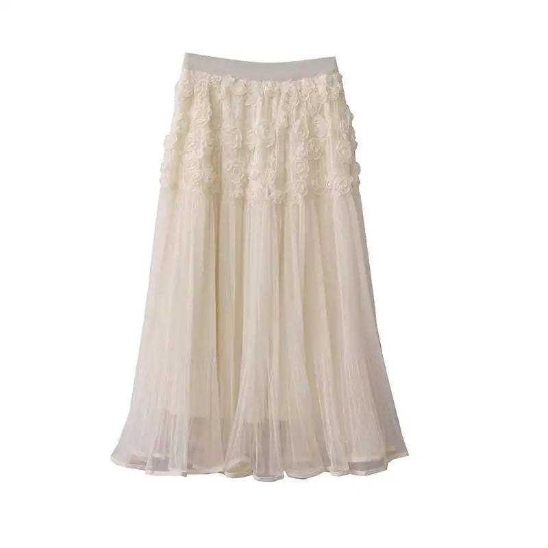 Aiertu  -  3D Flower Mesh Long Skirt Women Korean Fashion Elastic Waist A-line Faldas Spring Casual Elegant Simple Midi Skirts 2025 New Aiertu