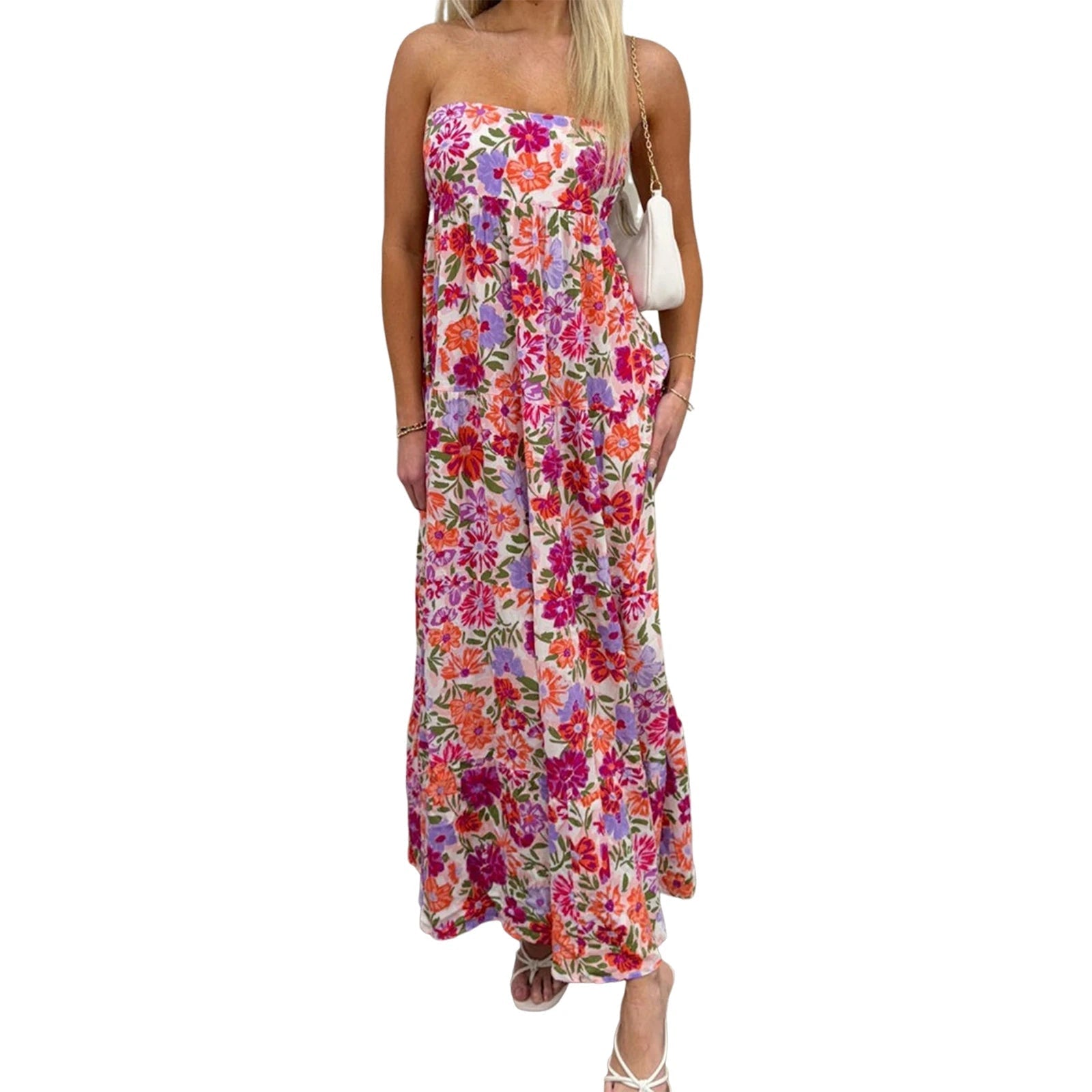 Aiertu  -  Elegant Off-Shoulder Maxi Dress with Boho Floral Print and Lace-Up Back Detail for Summer Wedding Party or Vacation Beachwear Aiertu