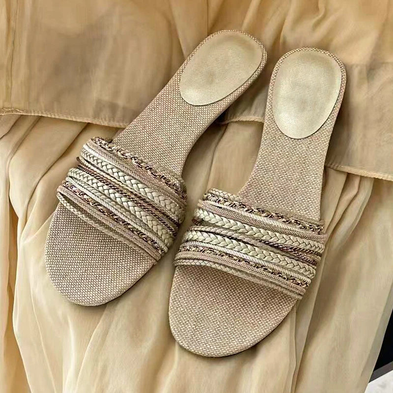 Aiertu  -    Luxury Designer Summer Low Heel Women Weave Slippers Elegant Open Toe Dress Slides Outdoor Gladiator Shoes Aiertu