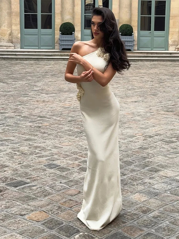 Aiertu  -  Elegant 3D Flower Dress Women Slash Neck Sleeveless Slim Hip Package Floor-length Dresses Female 2025 Spring Summer Lady Gown Aiertu