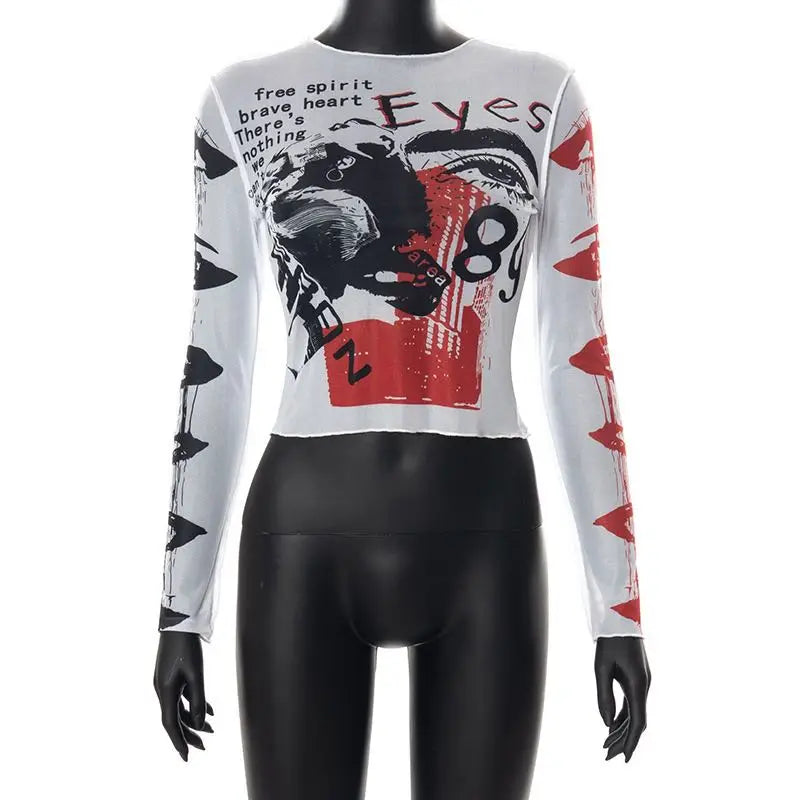 Aiertu  -   O-Neck Sheer Mesh Bodysuit for Girls, O Neck Pullover, Long Sleeve T-Shirt, Crop Top, Urban Leisure Streetwear, Y2K Aiertu