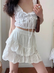 Aiertu  -  Summer Korean fashion mini skirts kawaii vintage clothes cute white lace skirts for woman high waist ruffle skirts embroideryed Aiertu