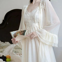 Aiertu  -  Sexy Womens Nightdress Lace Princess Nightgowns Slip Vintage Lady Women 2 Pcs Robe Set Autumn Pajama Sleepwear Bathrobe Home Set Aiertu