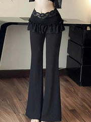 Aiertu  -Textured Lace Panel Ruffle Flared Pants aiertu